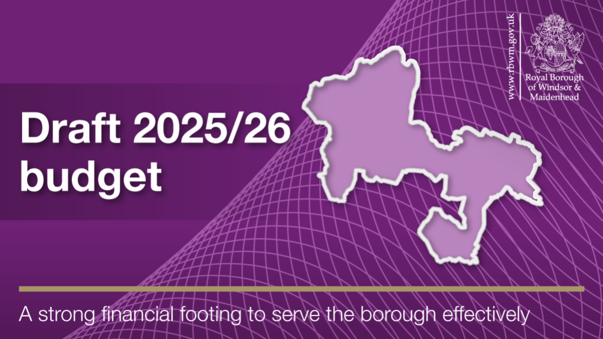 Rich purple graphic with curving grid pattern and map outline of the Royal Borough of Windsor and Borough. Draft Budget Consultation 2025/26. A strong financial footing to serve the borough effectively